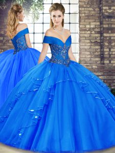 Romantic Royal Blue Ball Gowns Beading and Ruffles Quinceanera Dress Lace Up Tulle Sleeveless Floor Length