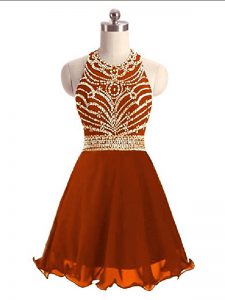 Mini Length Rust Red Prom Gown Halter Top Sleeveless Zipper