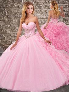 Most Popular Sleeveless Beading and Ruffles Lace Up Sweet 16 Dress with Pink Court Train
