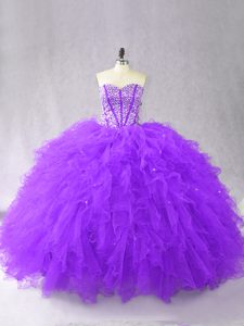 Purple Ball Gowns Beading and Ruffles Ball Gown Prom Dress Lace Up Tulle Sleeveless Floor Length