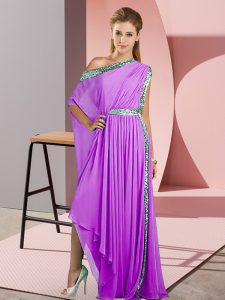 Empire Prom Evening Gown Lavender One Shoulder Chiffon Sleeveless Asymmetrical Side Zipper