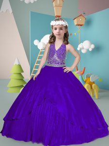 Discount Halter Top Sleeveless Little Girls Pageant Dress Wholesale Floor Length Beading and Pleated Purple