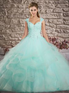 Apple Green Ball Gowns Lace and Ruffles Quinceanera Gowns Lace Up Tulle Sleeveless