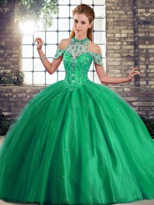 Decent Lace Up Sweet 16 Quinceanera Dress Green for Military Ball and Sweet 16 and Quinceanera with Beading Brush Train