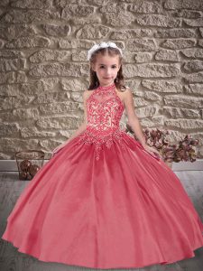 Halter Top Sleeveless Little Girls Pageant Dress Wholesale Sweep Train Beading and Appliques Coral Red Satin