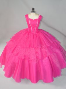 Shining Hot Pink Ball Gowns Organza Straps Sleeveless Beading Floor Length Lace Up Quinceanera Dress