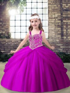 Fuchsia Straps Lace Up Beading and Pick Ups Pageant Gowns For Girls Sleeveless
