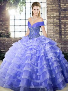 Simple Lavender Lace Up 15 Quinceanera Dress Beading and Ruffled Layers Sleeveless Brush Train