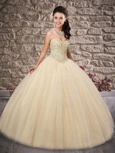 Most Popular Sweetheart Sleeveless Lace Up Sweet 16 Quinceanera Dress Champagne Tulle