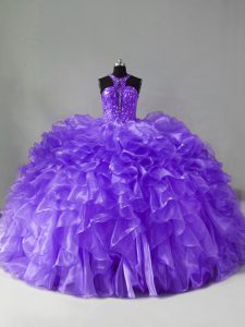 Brush Train Ball Gowns Vestidos de Quinceanera Lavender Halter Top Organza Sleeveless Zipper