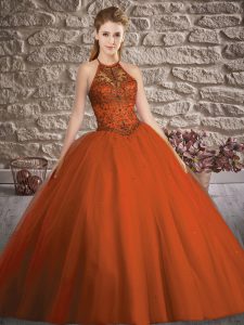Ball Gowns Sleeveless Rust Red Sweet 16 Quinceanera Dress Brush Train Lace Up