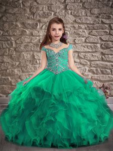 Fancy Tulle Cap Sleeves Little Girls Pageant Dress Wholesale Sweep Train and Beading and Ruffles