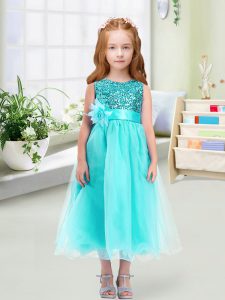 Aqua Blue Sleeveless Tea Length Sequins and Hand Made Flower Zipper Toddler Flower Girl Dress