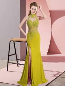 Sleeveless Floor Length Lace and Appliques Backless Prom Gown with Green
