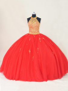 Red Sleeveless Beading and Appliques Floor Length Quince Ball Gowns