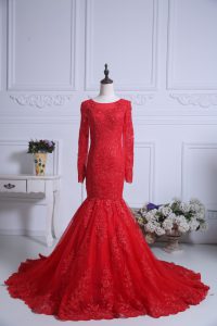 Deluxe Red Mermaid Lace Dress for Prom Zipper Tulle Long Sleeves