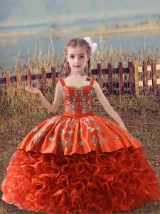 Orange Red Fabric With Rolling Flowers Lace Up Pageant Dress for Womens Sleeveless Sweep Train Embroidery