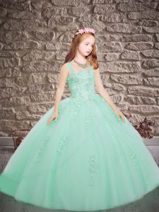 Luxurious Sleeveless Appliques Lace Up Little Girls Pageant Dress with Apple Green Brush Train