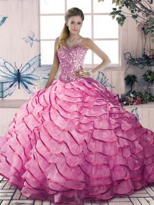 Colorful Sweetheart Sleeveless Lace Up Quinceanera Dress Pink Organza and Tulle