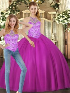 Deluxe Floor Length Fuchsia Sweet 16 Dress Halter Top Sleeveless Lace Up