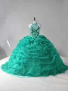 Lace Up Quince Ball Gowns Turquoise for Sweet 16 and Quinceanera with Beading and Pick Ups Court Train