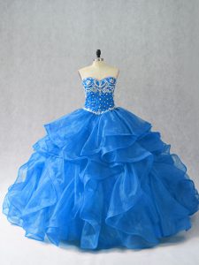 Most Popular Sleeveless Organza Floor Length Lace Up Sweet 16 Dress in Blue with Beading and Ruffles