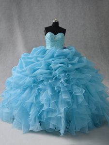 Baby Blue Sweetheart Neckline Beading and Ruffles and Pick Ups 15th Birthday Dress Sleeveless Lace Up