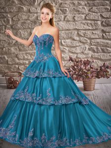 Teal Ball Gowns Satin Sweetheart Sleeveless Appliques Lace Up Ball Gown Prom Dress Brush Train