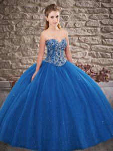 Fashionable Blue Ball Gowns Sweetheart Sleeveless Tulle Floor Length Lace Up Beading Quinceanera Dresses