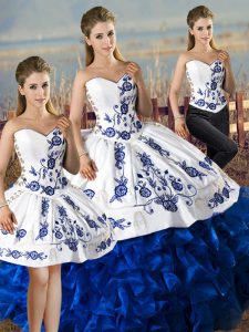 Flirting Blue And White Sleeveless Floor Length Embroidery and Ruffles Lace Up Quinceanera Dresses