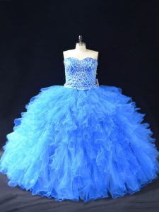 Sexy Sleeveless Floor Length Beading and Ruffles Lace Up Ball Gown Prom Dress with Blue