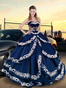 Classical Satin Sweetheart Half Sleeves Lace Up Embroidery Vestidos de Quinceanera in Navy Blue