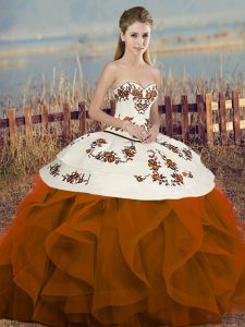 Modern Sleeveless Tulle Floor Length Lace Up Sweet 16 Quinceanera Dress in Rust Red with Embroidery and Ruffles and Bowk