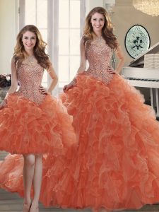 Orange Red Lace Up Sweetheart Beading and Ruffles Sweet 16 Dress Organza Sleeveless Brush Train