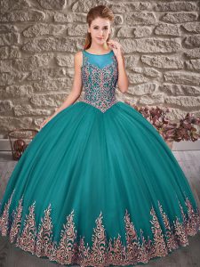 Ideal Ball Gowns Sweet 16 Dress Peacock Green Scoop Tulle Sleeveless Floor Length Lace Up