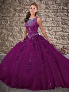 Custom Designed Dark Purple Ball Gowns Tulle Scoop Sleeveless Beading and Appliques Zipper Vestidos de Quinceanera Brush