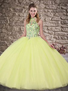 Amazing Ball Gowns Sleeveless Yellow Green 15 Quinceanera Dress Brush Train Lace Up
