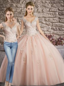 Pink V-neck Neckline Appliques Sweet 16 Quinceanera Dress Sleeveless Lace Up