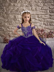 Purple Straps Lace Up Beading and Ruffles Pageant Dress for Womens Sweep Train Sleeveless