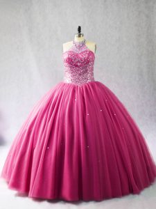 Hot Pink Lace Up Halter Top Beading Ball Gown Prom Dress Tulle Sleeveless Brush Train
