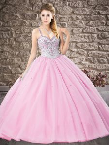 Rose Pink Lace Up 15th Birthday Dress Beading and Lace Sleeveless Floor Length