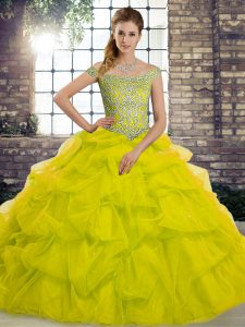 Lace Up Sweet 16 Dresses Yellow Green for Military Ball and Sweet 16 and Quinceanera with Beading and Pick Ups Brush Tra