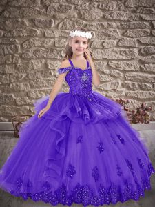 Sleeveless Floor Length Beading and Appliques Lace Up Kids Formal Wear with Purple