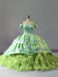 Yellow Green Sleeveless Chapel Train Embroidery and Ruffles Quinceanera Gowns
