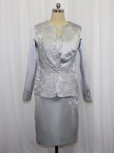 Grey Column/Sheath Square Sleeveless Satin Mini Length Zipper Lace and Appliques Evening Dress
