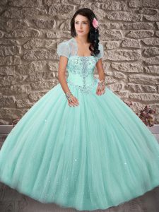 Excellent Apple Green Sleeveless Tulle Brush Train Lace Up 15th Birthday Dress for Military Ball and Sweet 16 and Quince