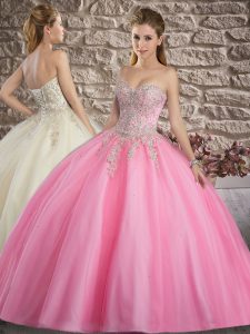Tulle Sweetheart Sleeveless Lace Up Appliques Quinceanera Gowns in Rose Pink