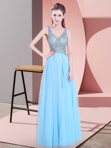 Sleeveless Tulle Floor Length Zipper Prom Party Dress in Baby Blue with Beading