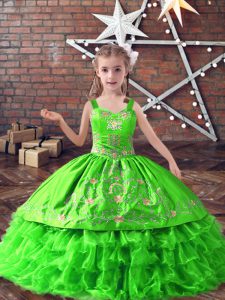Perfect Satin and Organza Straps Sleeveless Lace Up Embroidery and Ruffled Layers Kids Formal Wear in