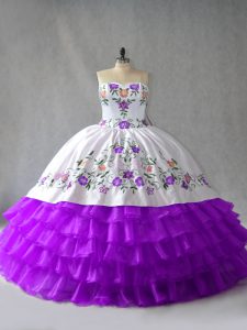 Luxurious Floor Length Lace Up Quince Ball Gowns White And Purple for Sweet 16 and Quinceanera with Embroidery and Ruffl